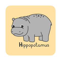 Vector square card from the alphabet with a cute animal for kids learning. The letter H - hippopotamus. Illustration with caption. Hand-drawn character on a yellow background with a white frame