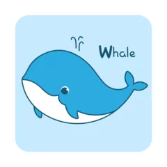 Foto op Canvas Vector square card from the alphabet with a cute animal for kids learning. The letter W - whale. Illustration with caption. Hand-drawn character on a blue background with a white frame © Baranovska