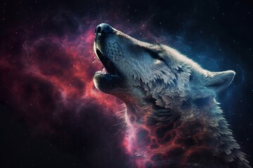 abstract colorful portrait of a white wolf howling at night, generative, ai