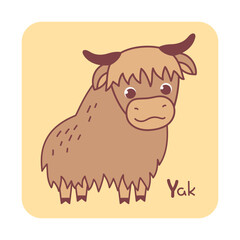 Vector square card from the alphabet with a cute animal for kids learning. The letter Y - yak. Illustration with caption. Hand-drawn character on a yellow background with a white frame