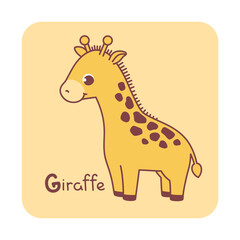 Vector square card from the alphabet with a cute animal for kids learning. The letter G - giraffe. Illustration with caption. Hand-drawn character on a yellow background with a white frame