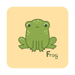 Vector square card from the alphabet with a cute animal for kids learning. The letter F - frog. Illustration with caption. Hand-drawn character on a yellow background with a white frame