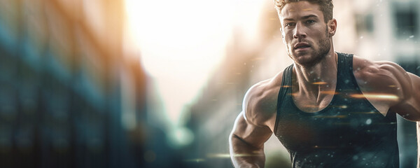 Fototapeta na wymiar Muscular athletic male fitness banner. Generative AI illustration