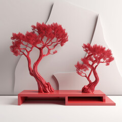 Thick gnarled red trees. Minimalist mockup for podium display or showcase. AI generation