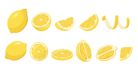 Whole yellow lemon with lemon fruit slice, round slices. Lemon peel spiral. Pieces of lemon citrus fruit, vector illustration. Big lemon set.
Lemon set. Whole yellow lemon and lemon fruit slice