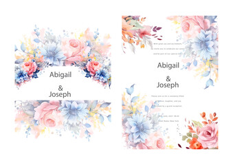 Beautiful colorful floral and leaves wedding invitation card set. Beautiful roses card.