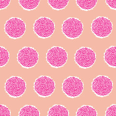 Vector seamless pattern pink pompoms or bobbles with white silhouette on the kind of peach fuzz background, regular pattern. 