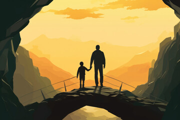 A father and a son walking hand in hand over a bridge with a chasm beneath them representing the need to navigate Psychology art concept. AI generation