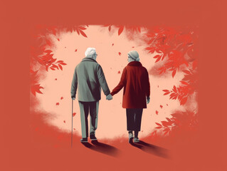 An elderly couple holding hands conveying the strength of relationships in later life. Psychology art concept. AI generation