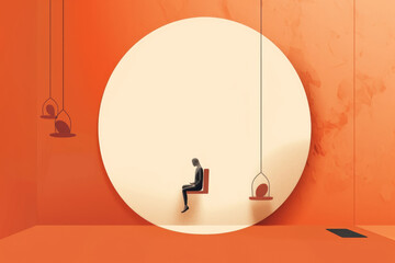 A person with a sad expression sitting on a swing in the middle of a room with no walls Psychology art concept. AI generation