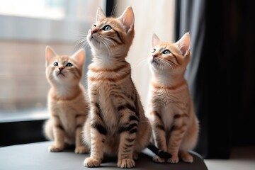 Group of adorable red striped kittens sit on their hind legs and look up Generative AI