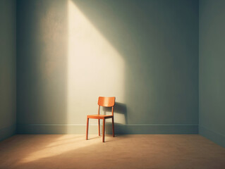 An empty chair in a deserted room signifying a feeling of isolation and detachment. Psychology art concept. AI generation