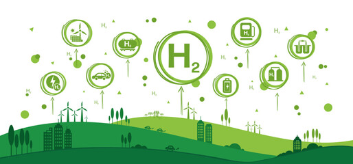 The concept of clean Hydrogen Energy with icons, changing the CO2 fuel cell to H2 switching to clean hydrogen energy with friendly and sustainable development for environment and alternative lifestyle - obrazy, fototapety, plakaty