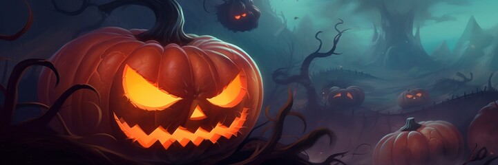 Fototapeta premium Halloween pumpkin with place for text on foggy forest background. Jack-o-lantern banner with black background. October, Spooky Gleaming Jack-o-Lantern in Dark Smoky Setting with Copy. Generative AI
