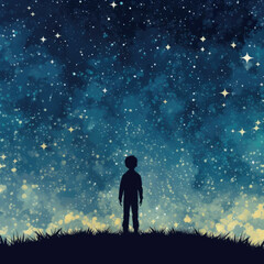 A child looking up in awe at a night sky filled with stars. Psychology art concept. AI generation