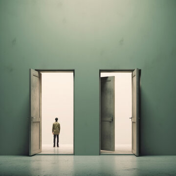 7. A person standing in between two doors one door representing the psychodynamic approach and the other representing Psychology art concept. AI generation