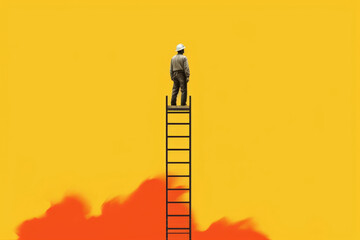 A construction worker using scaffolding to reach the top of a building. Psychology art concept. AI generation