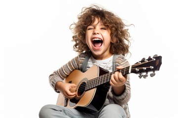 Medium shot portrait photography of a joyful kid female playing the guitar against a white background. With generative AI technology