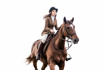 Medium shot portrait photography of a happy girl in her 30s riding a horse against a white background. With generative AI technology