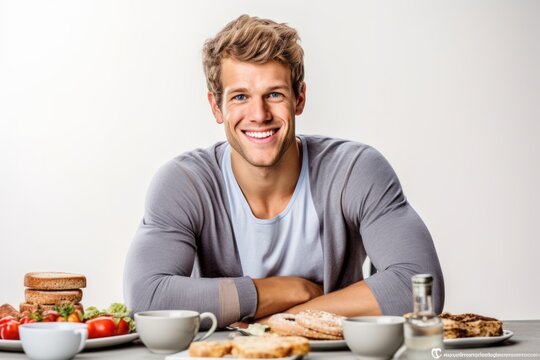 Lifestyle portrait photography of a grinning boy in his 30s having breakfast against a white background. With generative AI technology