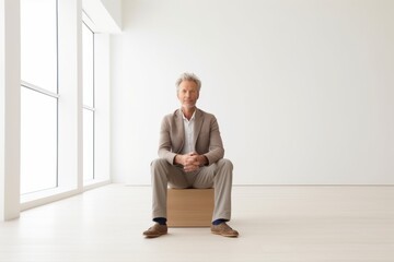 Fototapeta premium Medium shot portrait photography of a glad mature man writting against a minimalist or empty room background. With generative AI technology