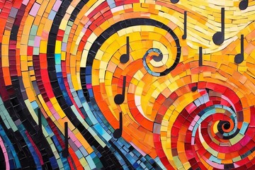 Melodic Mosaic: Witness melodies and rhythms come together like colorful tiles, forming a mosaic of musical bliss, in an abstract style illustration generative ai