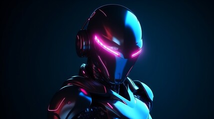 Illustration of head of futuristic robot with glowing eyes and shiny dark surface on black background. Generative ai