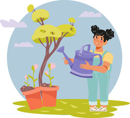Obraz na płótnie Canvas Girl doing gardening in summer. Summer banner or label, sticker design with child who growing trees.