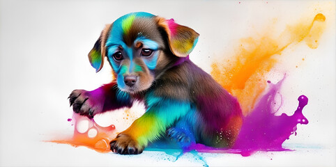 Puppy playing in colorful water color , dirty with color splash. Generative AI.