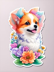 Sticker, A detailed illustration a print of vivid cute puppy. Generative AI.