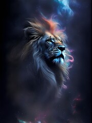 Lion in space nebula, water ink. Generative AI.