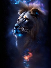 Naklejka premium Lion in space nebula, water ink. Generative AI.