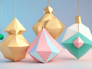 Christmas ornaments, geometric shapes, abstract shapes, color ornaments. Generative AI.
