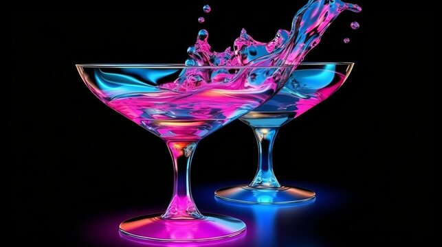 Martini cocktail drink splash with ice cubes in neon iridescent pink and blue colors. Generative ai
