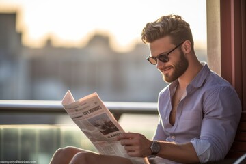 Lifestyle portrait photography of a satisfied boy in his 30s reading the newspaper against a city skyline background. With generative AI technology