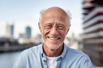 Medium shot portrait photography of a happy mature man smiling against a city skyline background. With generative AI technology
