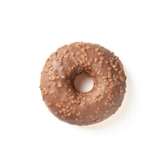 Sweet donut in chocolate glaze on a white background top view