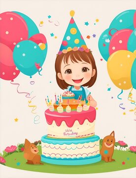 Illustration of a happy little girl and her birthday cake. Generative AI.