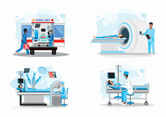 Doctor and patient vector illustration set. Paramedics provide assistance to the patient, MRI examination, robotic surgery, resuscitation, life saving. Thank you doctors and nurses. - 611008035