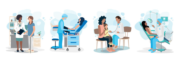 Doctor and patient vector illustration set. A patient in the office of a traumatologist, dentist, pediatrician, blood donor. Thank you doctors and nurses. - 611008052