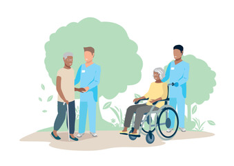 Nurse taking care of the elderly. Caring for the elderly in a nursing home. Thanks nurses. Vector illustration in a flat style.