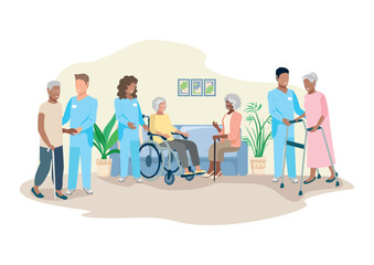 Nurses take care of the elderly in a nursing home. Happy older men and women and friendly nurses. Thanks nurses. Vector illustration in a flat style. - 611008058