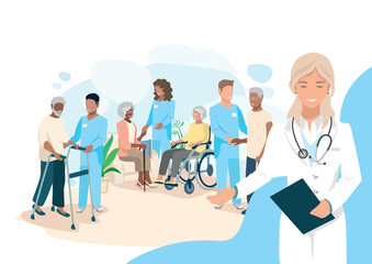Nurses take care of the elderly in a nursing home. Happy older men and women and friendly nurses. Thanks nurses. Vector illustration in a flat style. - 611008095