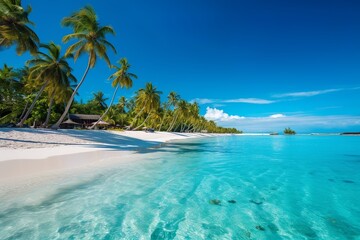 Fototapeta premium beautiful carribean beach with palm trees and ocean and white sand, generative ai