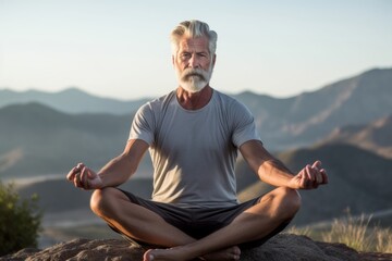 Fototapeta na wymiar Environmental portrait photography of a satisfied mature man practicing yoga against a mountain range background. With generative AI technology