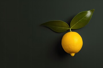 Lemons, yuzu fruit and green leaves on dark background. Top view flat lay copy space. Lemon fruit citrus minimal concept vitamin C