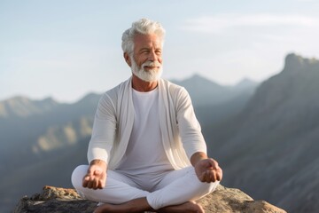 Environmental portrait photography of a satisfied mature man practicing yoga against a mountain range background. With generative AI technology