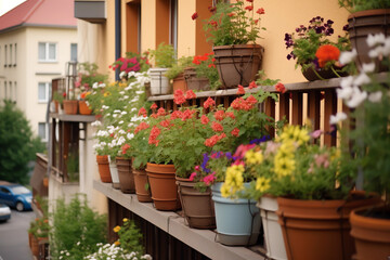 Wildflowers in pots on the balcony of a house created with Generative AI technology