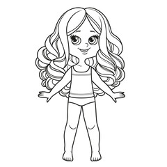 Cute cartoon girl with long curly hair with big curls dressed in underwear and barefoot outline for coloring on a white background