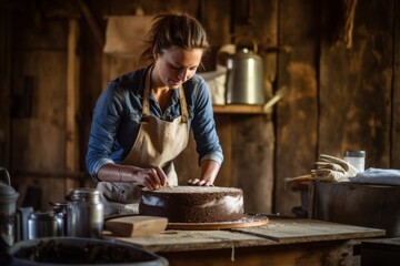 Fototapeta na wymiar Lifestyle portrait photography of a satisfied girl in her 30s making a cake against a rustic barn background. With generative AI technology